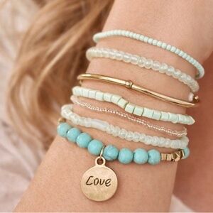 7 Stackable Stretchy Bohemian Blue & Gold Bead Bracelets Set • NEW • NO TAGS